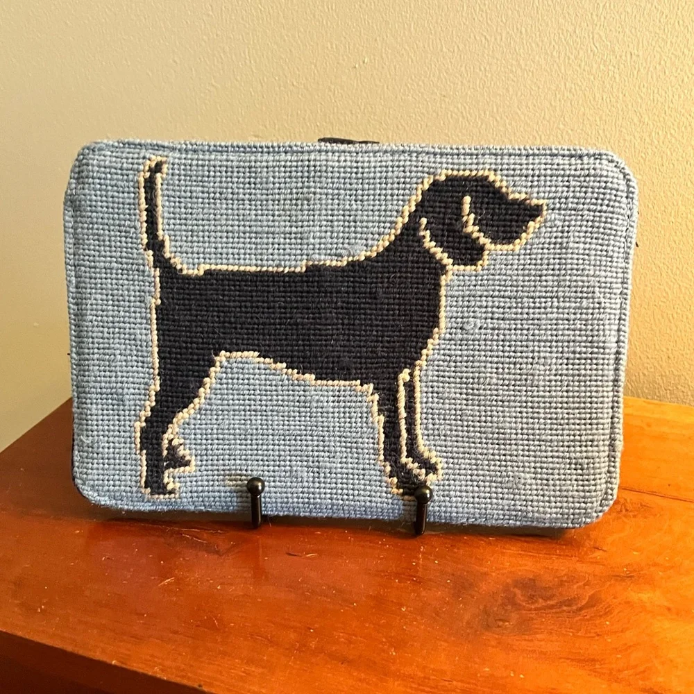 Lands End needle point ipad case blue with a dog